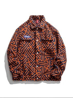 Men's Orange & Navy Geometric Fleece Shirt Jacket